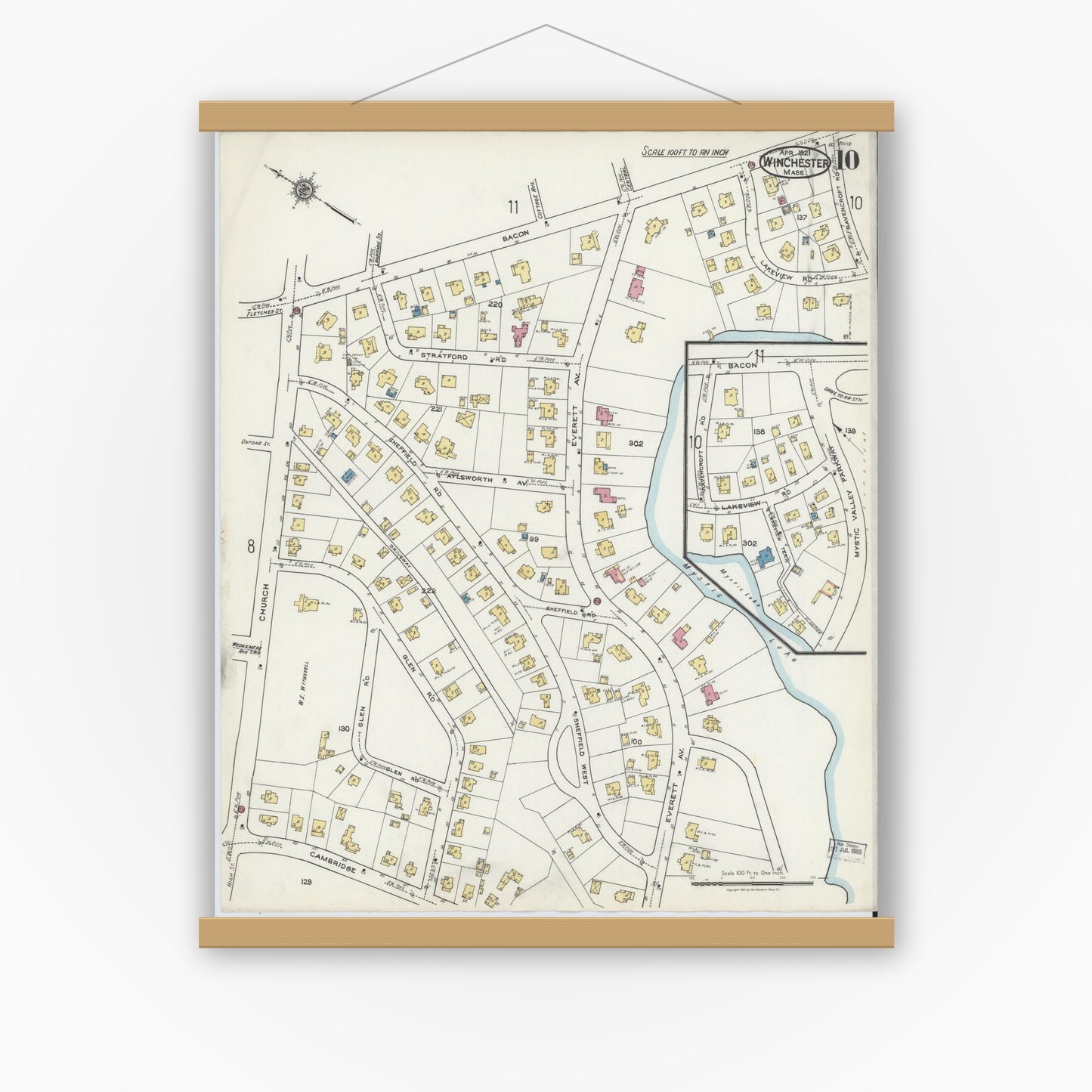 Old map wall art mockup — magnetic wood frame on white wall — Sanborn Fire Insurance Map from Winchester, Middlesex County, Massachusetts (1921), Sheet #0010