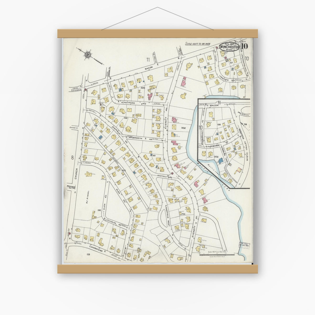 Old map wall art mockup — magnetic wood frame on white wall — Sanborn Fire Insurance Map from Winchester, Middlesex County, Massachusetts (1921), Sheet #0010