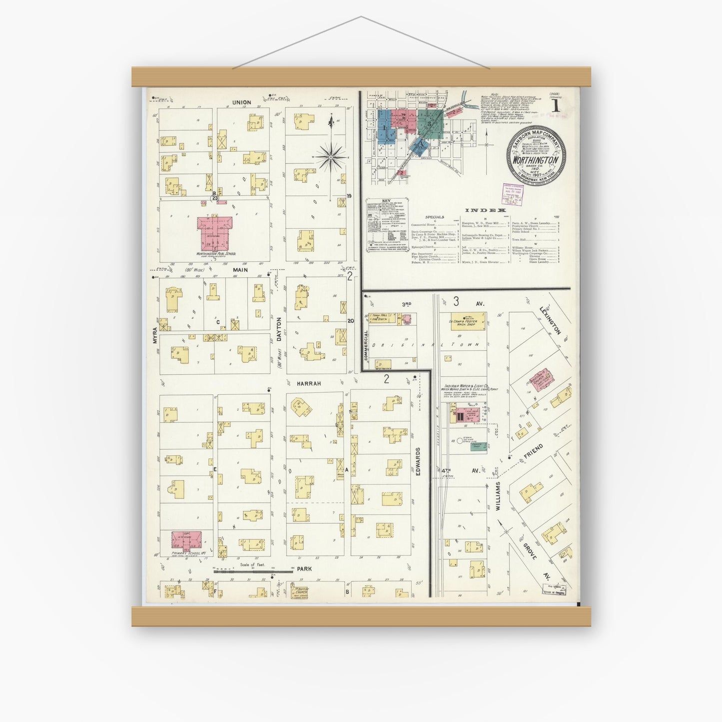 Old map wall art mockup — magnetic wood frame on white wall — Sanborn Fire Insurance Map from Worthington, Greene County, Indiana (1907) - Complete Map Set
