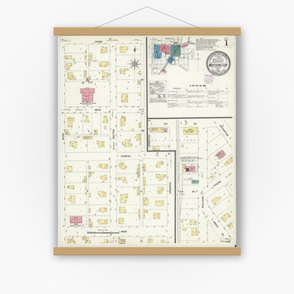 Old map wall art mockup — magnetic wood frame on white wall — Sanborn Fire Insurance Map from Worthington, Greene County, Indiana (1907) - Complete Map Set