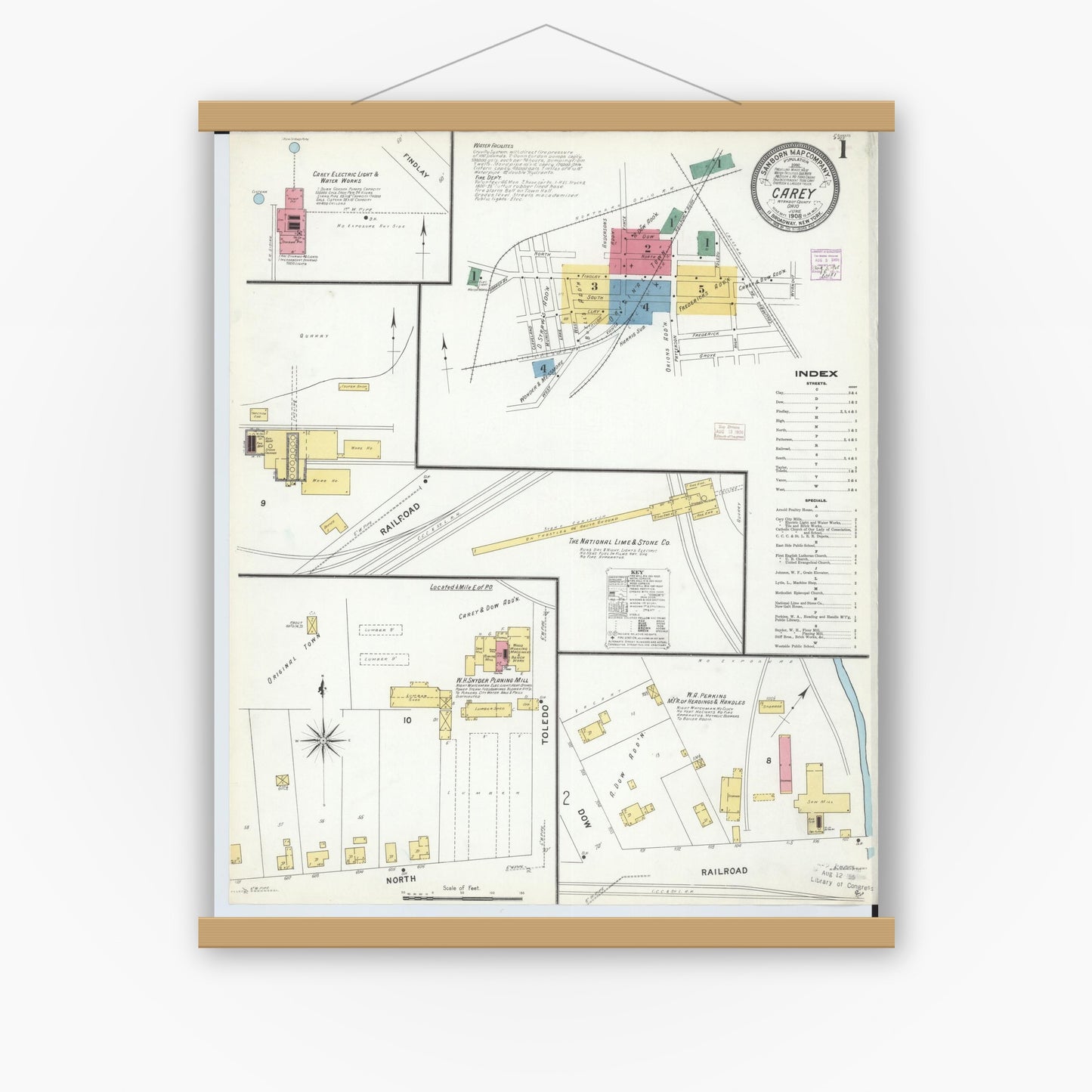 Old map wall art mockup — magnetic wood frame on white wall — Sanborn Fire Insurance Map from Carey, Wyandot County, Ohio (1908), Sheet #0001