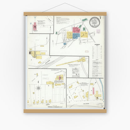Old map wall art mockup — magnetic wood frame on white wall — Sanborn Fire Insurance Map from Carey, Wyandot County, Ohio (1908), Sheet #0001