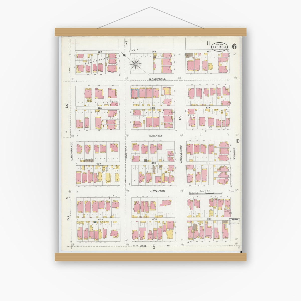 Old map wall art mockup — magnetic wood frame on white wall — Sanborn Fire Insurance Map from El Paso, El Paso County, Texas (1905), Sheet #0006
