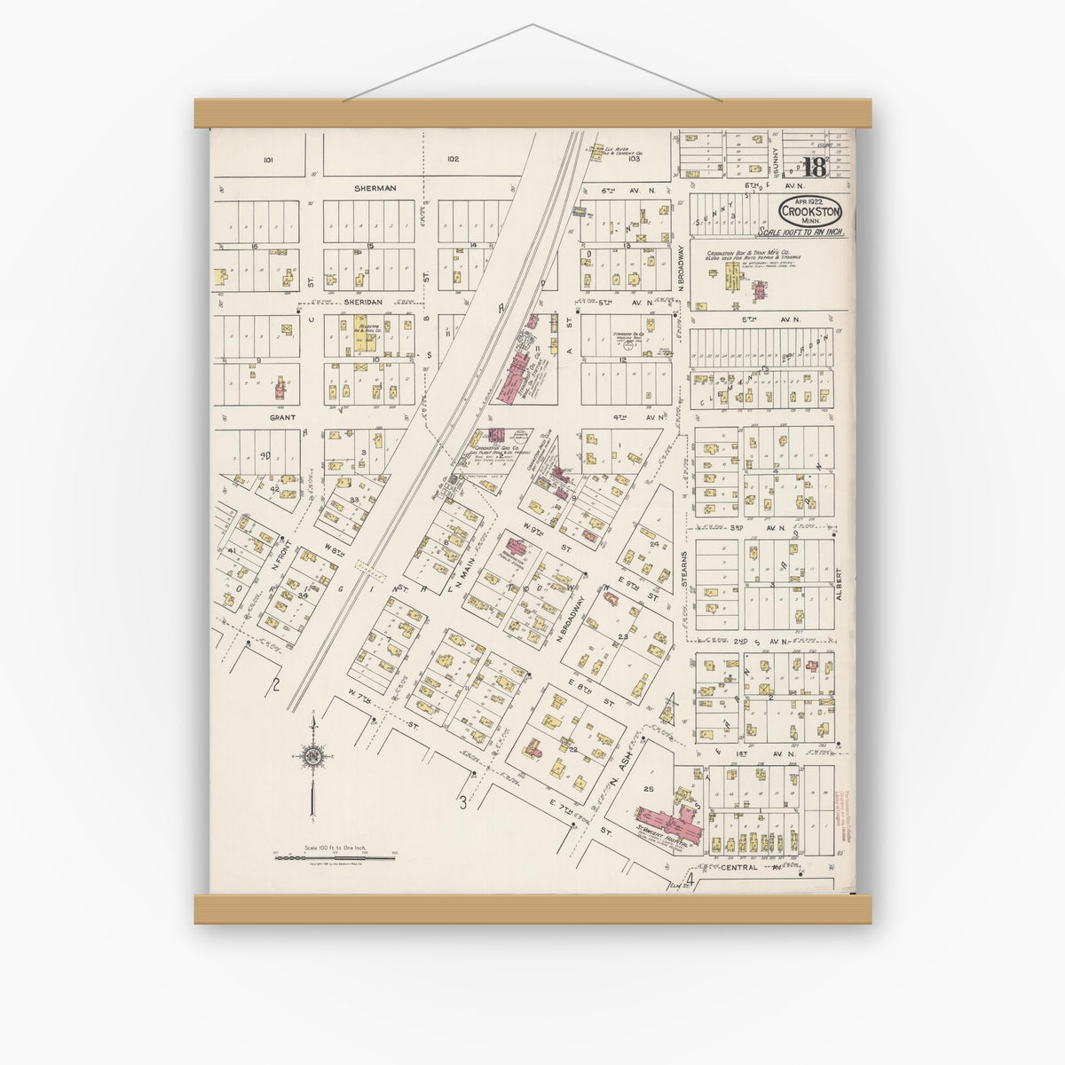 Old map wall art mockup — magnetic wood frame on white wall — Sanborn Fire Insurance Map from Crookston, Polk County, Minnesota (1922), Sheet #0018