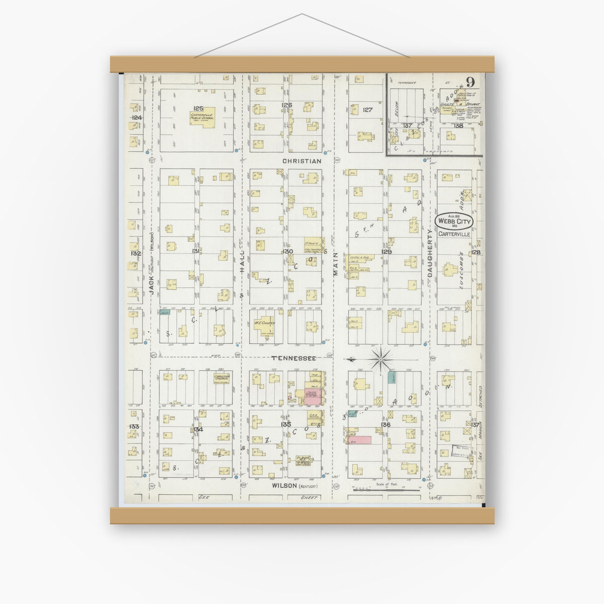 Old map wall art mockup — magnetic wood frame on white wall — Sanborn Fire Insurance Map from Webb City, Jasper County, Missouri (1891), Sheet #0009
