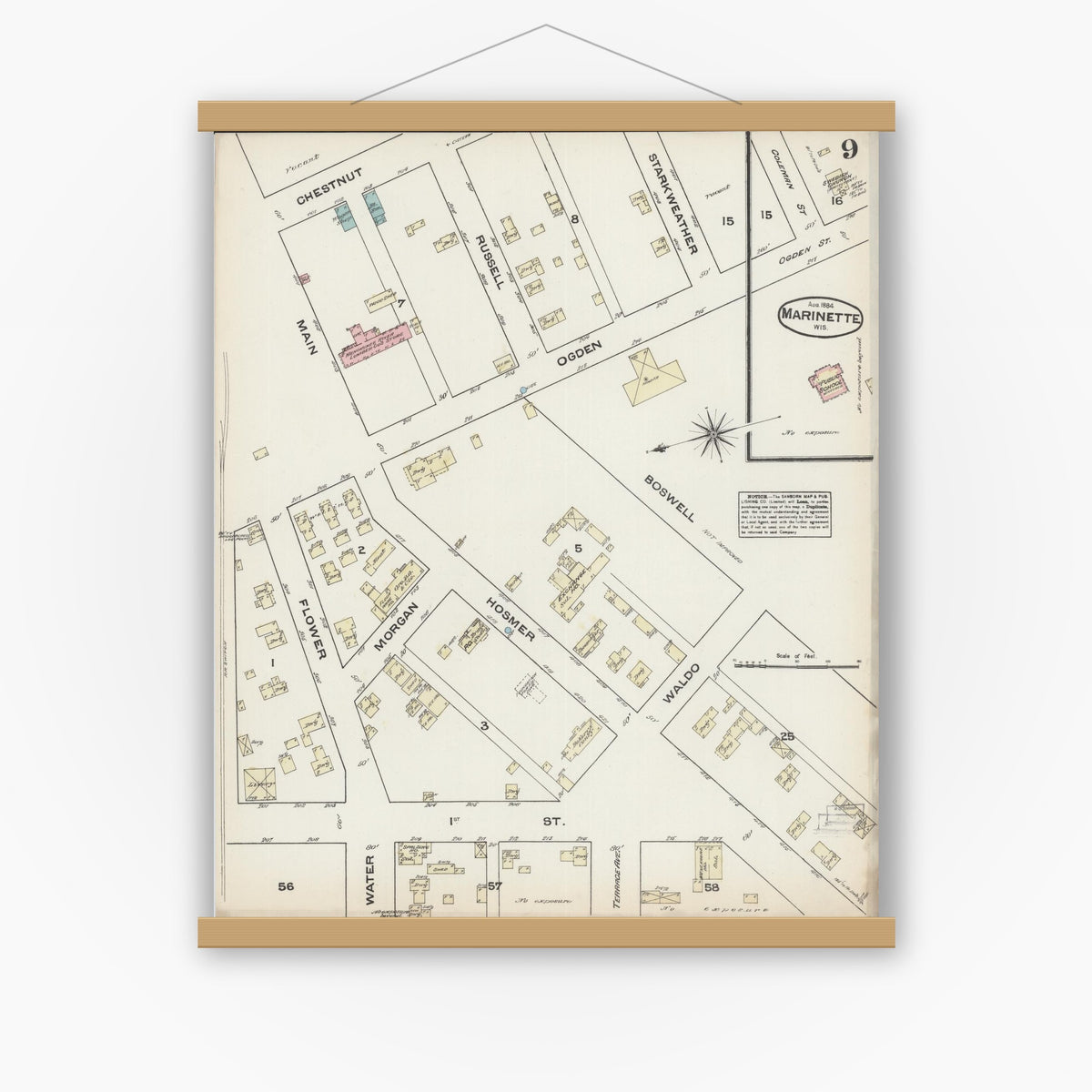 Old map wall art mockup — magnetic wood frame on white wall — Sanborn Fire Insurance Map from Marinette, Marinette County, Wisconsin (1884), Sheet #0009