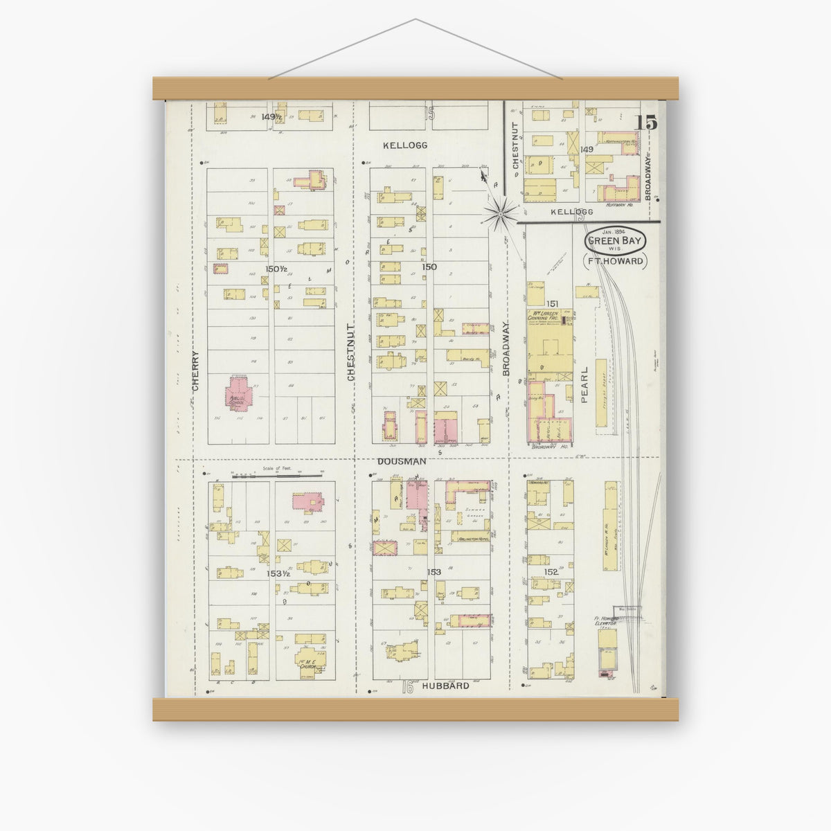 Old map wall art mockup — magnetic wood frame on white wall — Sanborn Fire Insurance Map from Green Bay, Brown County, Wisconsin (1894), Sheet #0015