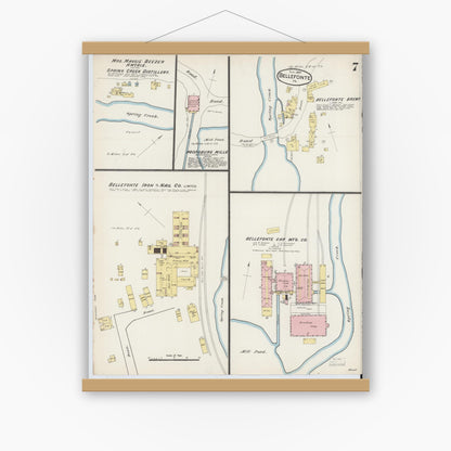 Old map wall art mockup — magnetic wood frame on white wall — Sanborn Fire Insurance Map from Bellefonte, Centre County, Pennsylvania (1887), Sheet #0007