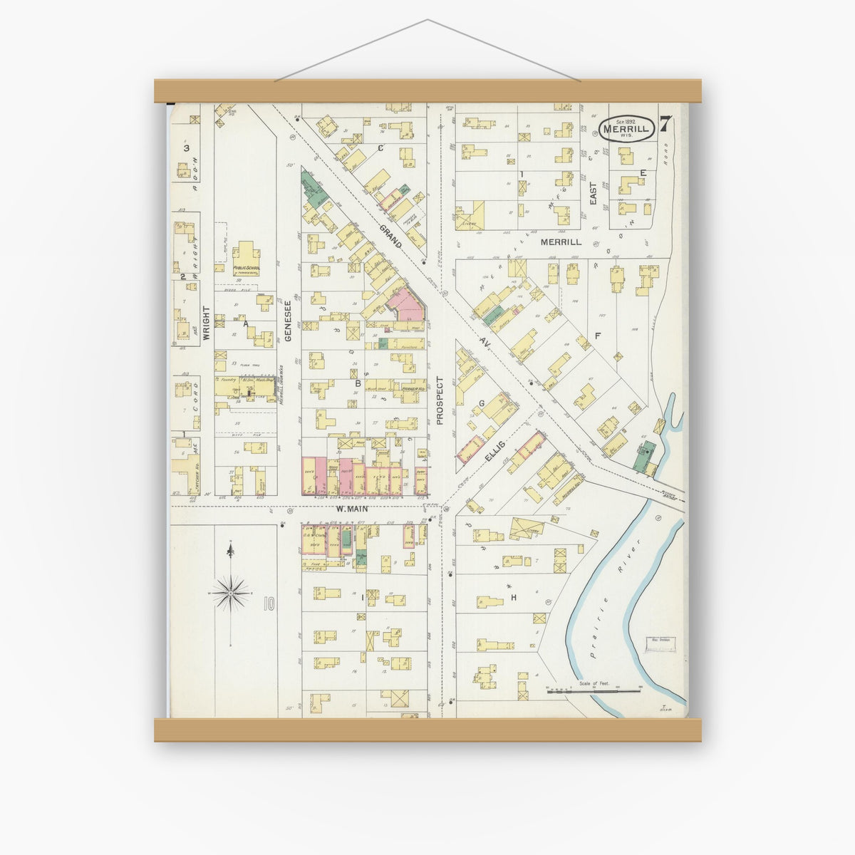 Old map wall art mockup — magnetic wood frame on white wall — Sanborn Fire Insurance Map from Merrill, Lincoln County, Wisconsin (1892), Sheet #0007