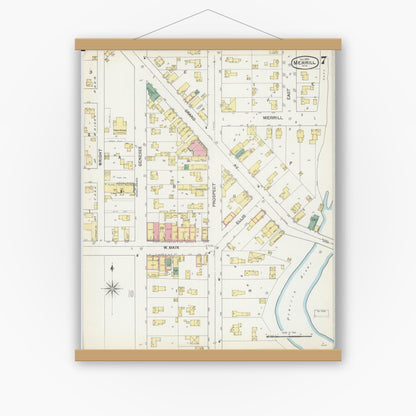 Old map wall art mockup — magnetic wood frame on white wall — Sanborn Fire Insurance Map from Merrill, Lincoln County, Wisconsin (1892), Sheet #0007