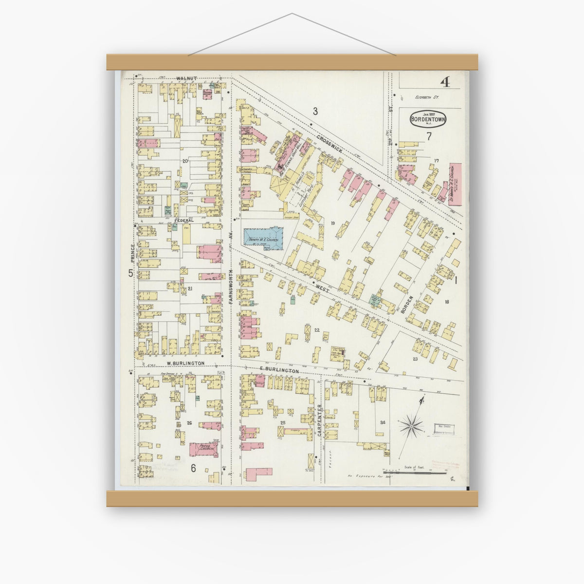 Old map wall art mockup — magnetic wood frame on white wall — Sanborn Fire Insurance Map from Bordentown, Burlington County, New Jersey (1897), Sheet #0004