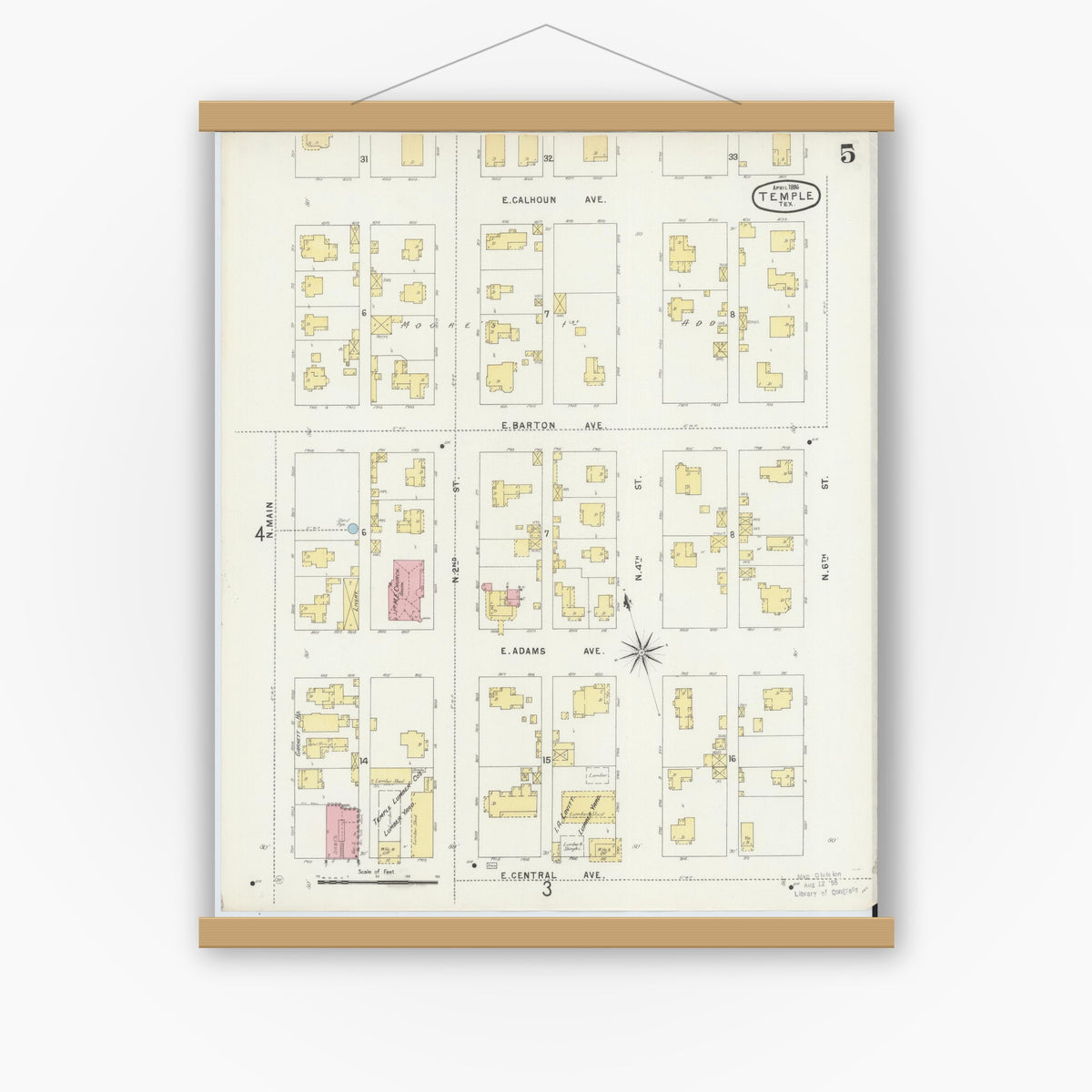 Old map wall art mockup — magnetic wood frame on white wall — Sanborn Fire Insurance Map from Temple, Bell County, Texas (1896), Sheet #0005