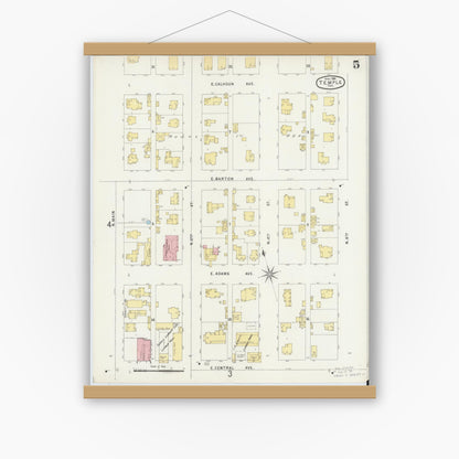 Old map wall art mockup — magnetic wood frame on white wall — Sanborn Fire Insurance Map from Temple, Bell County, Texas (1896), Sheet #0005