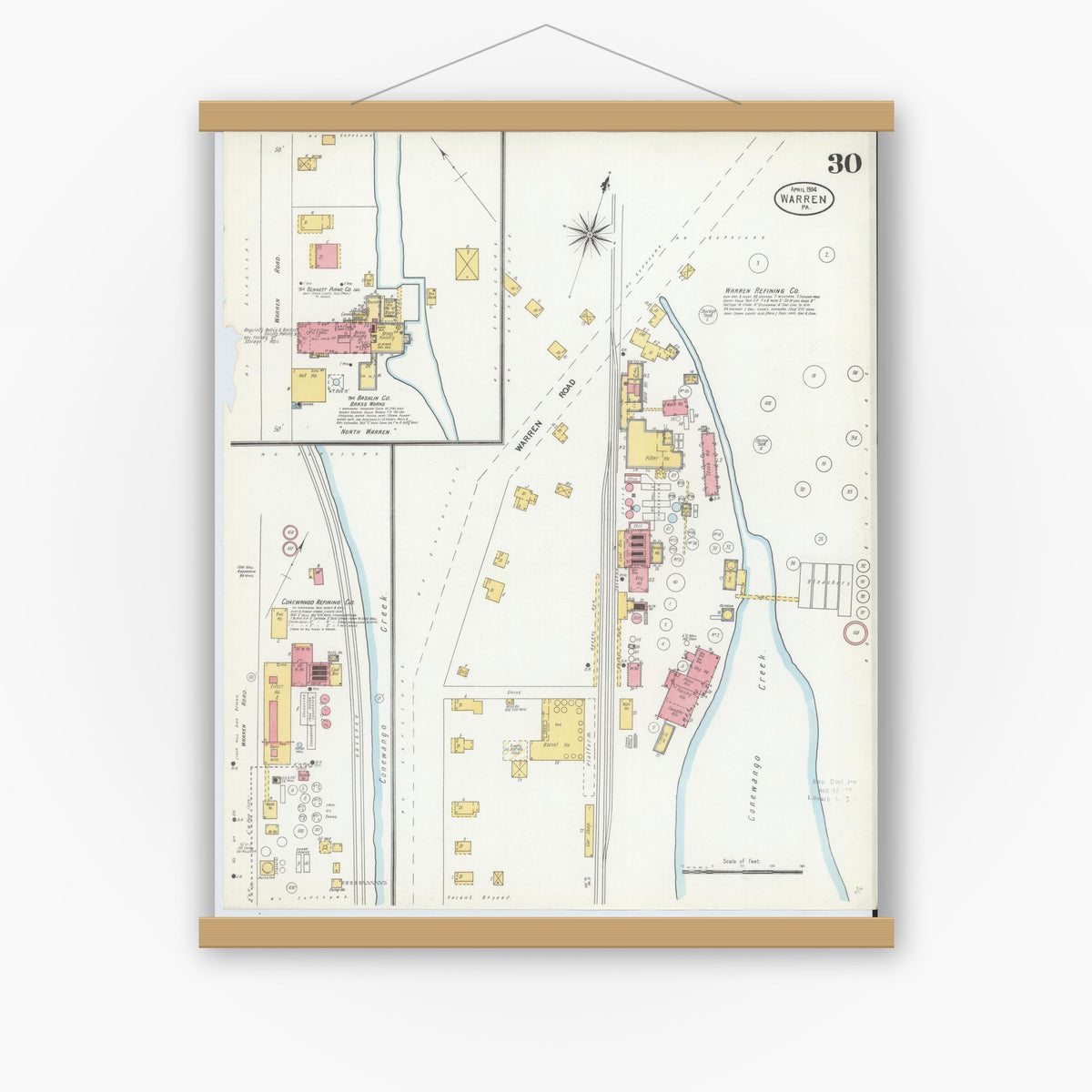 Old map wall art mockup — magnetic wood frame on white wall — Sanborn Fire Insurance Map from Warren, Warren County, Pennsylvania (1904), Sheet #0030