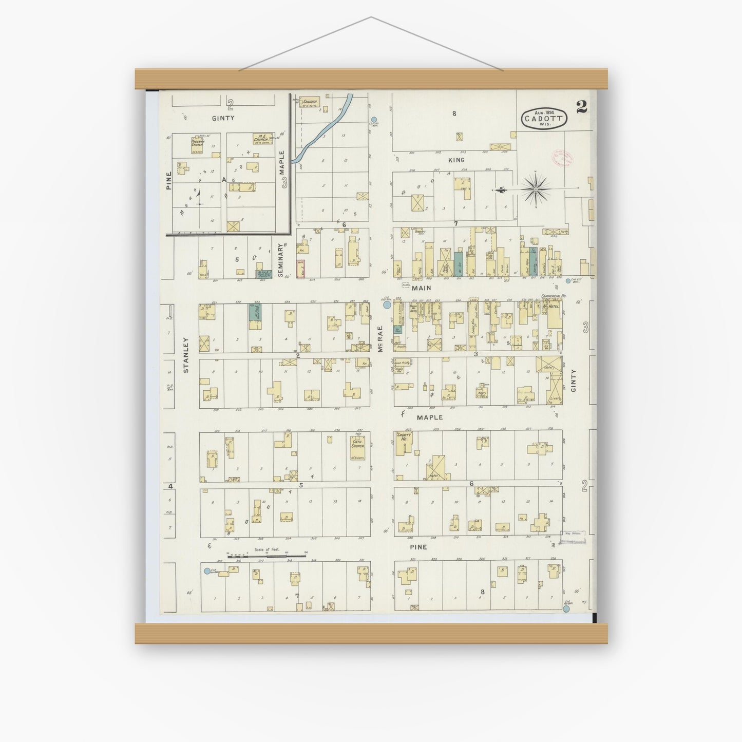 Old map wall art mockup — magnetic wood frame on white wall — Sanborn Fire Insurance Map from Cadott, Chippewa County, Wisconsin (1894), Sheet #0002