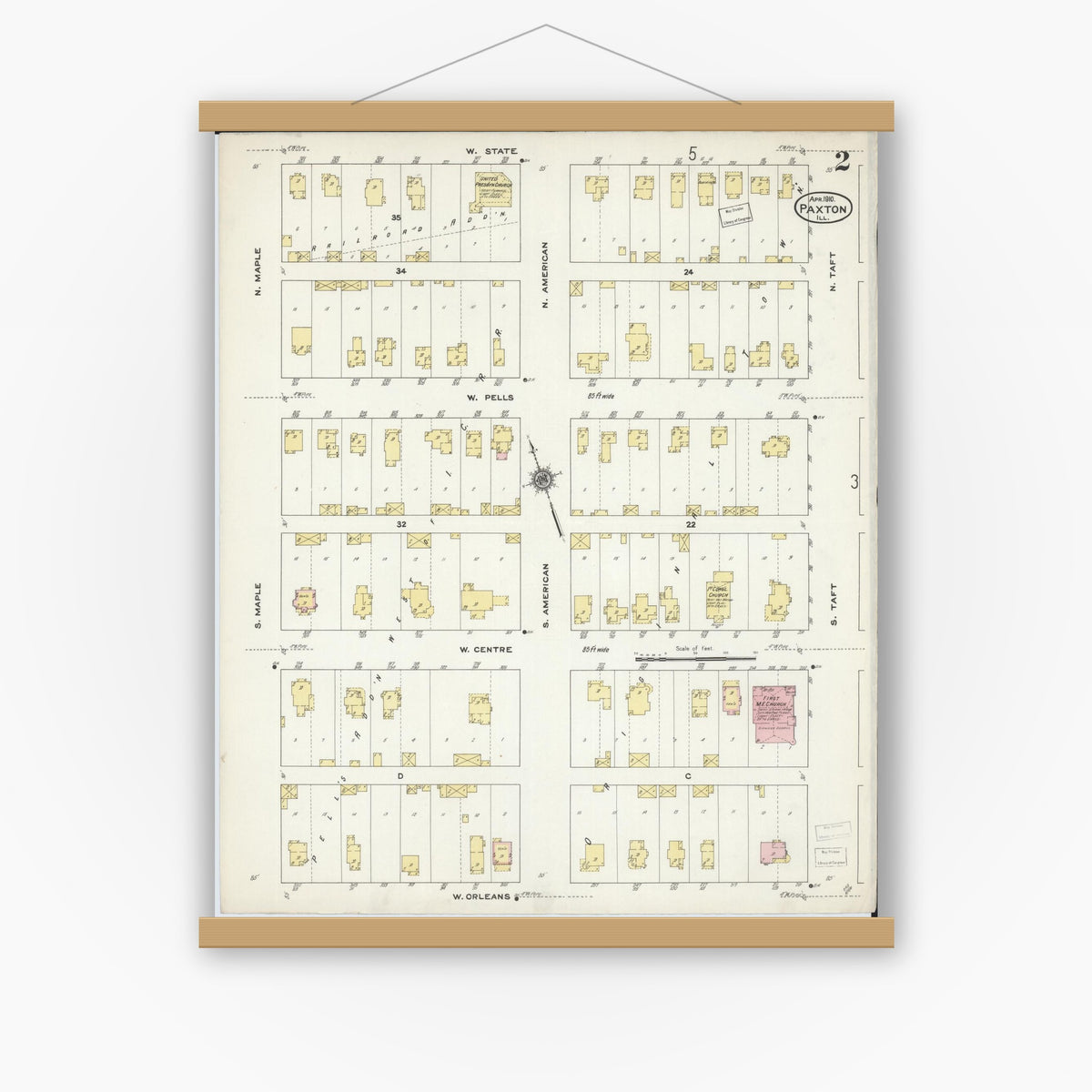 Old map wall art mockup — magnetic wood frame on white wall — Sanborn Fire Insurance Map from Paxton, Ford County, Illinois (1910), Sheet #0002