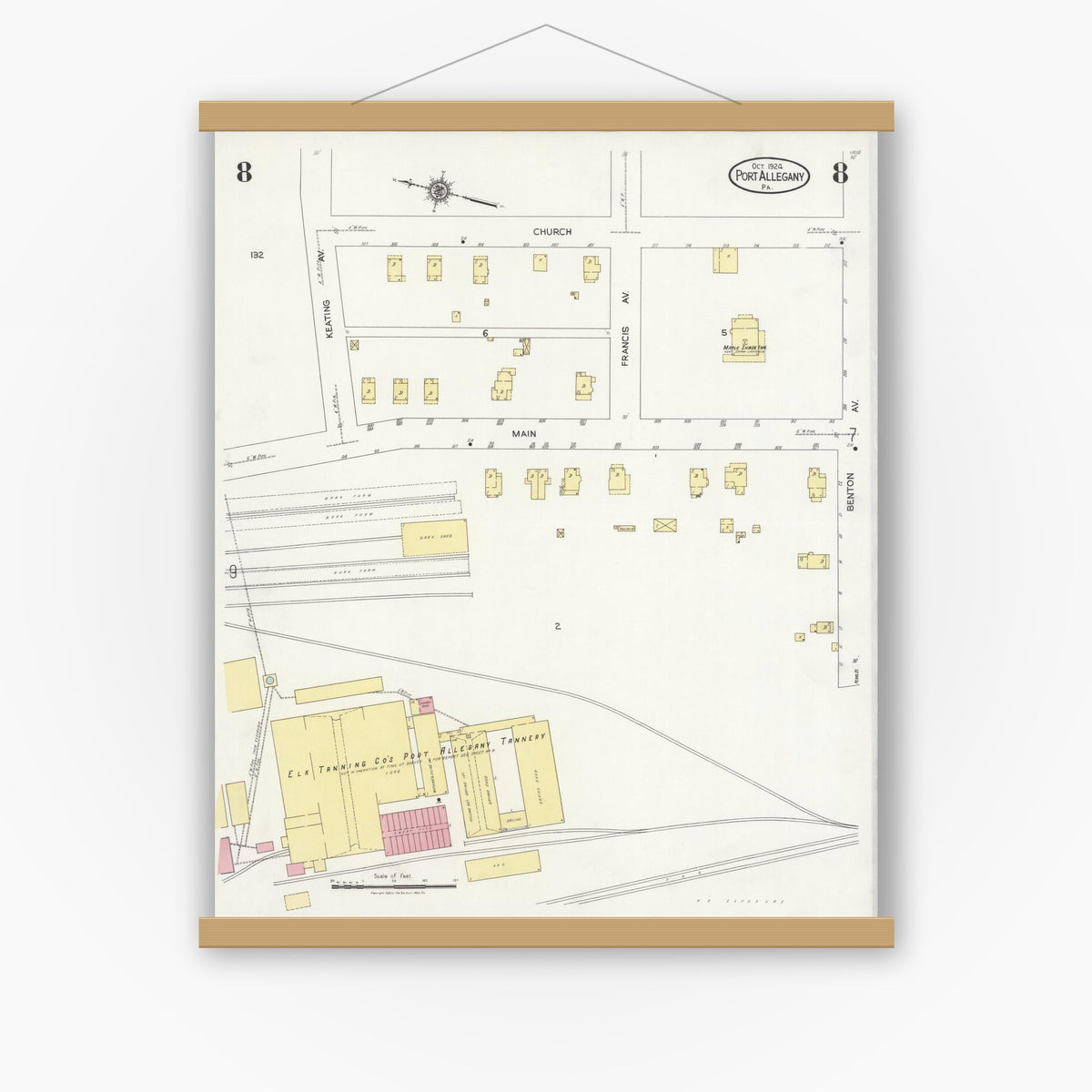 Old map wall art mockup — magnetic wood frame on white wall — Sanborn Fire Insurance Map from Port Allegany, McKean County, Pennsylvania (1924), Sheet #0008