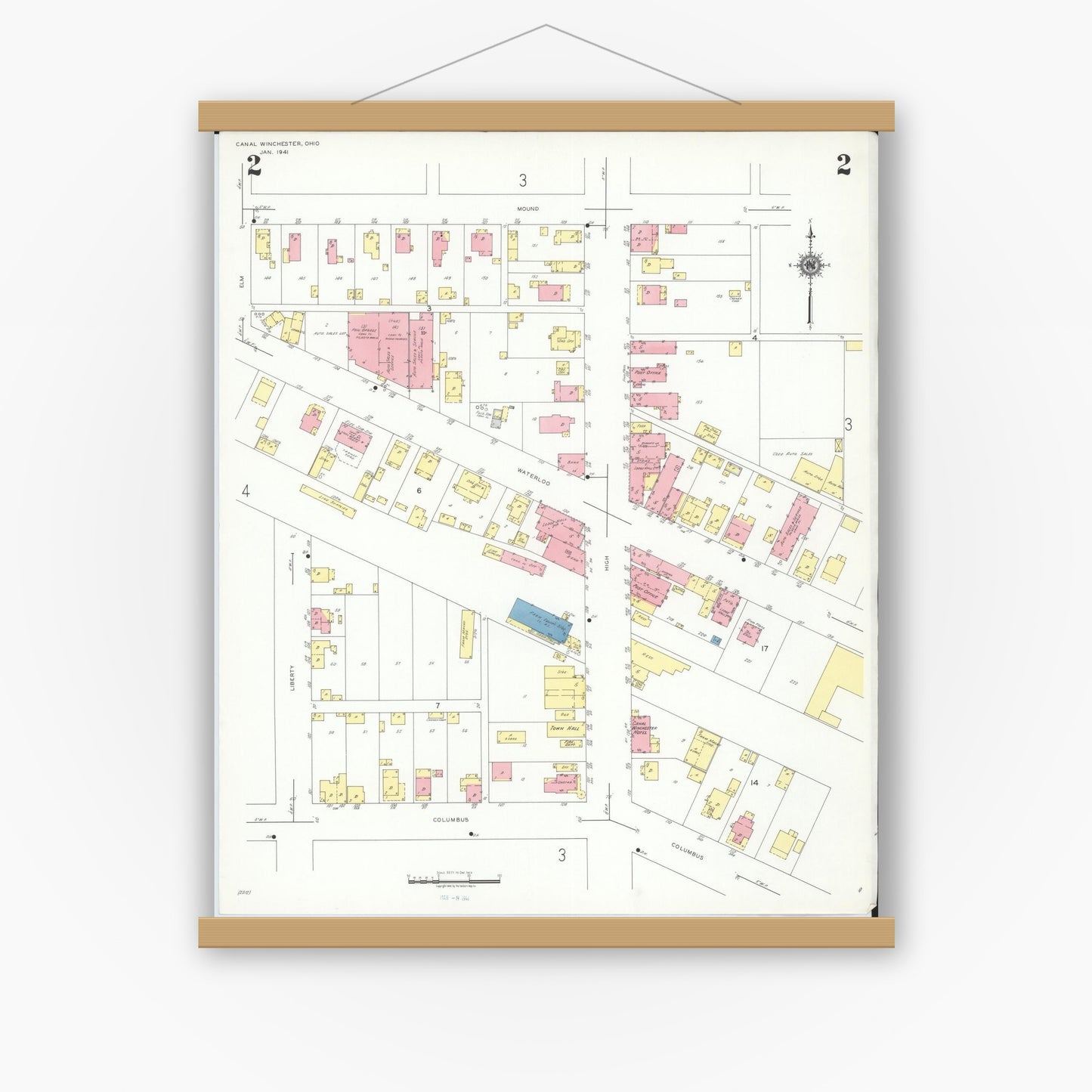 Old map wall art mockup — magnetic wood frame on white wall — Sanborn Fire Insurance Map from Canal Winchester, Franklin County, Ohio (1941), Sheet #0002