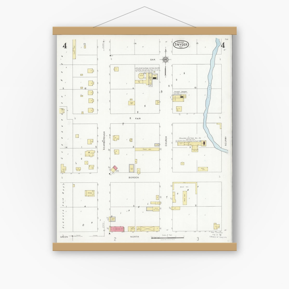 Old map wall art mockup — magnetic wood frame on white wall — Sanborn Fire Insurance Map from Snyder, Scurry County, Texas (1927), Sheet #0004