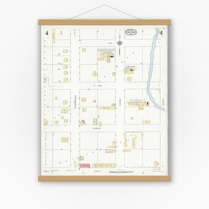 Old map wall art mockup — magnetic wood frame on white wall — Sanborn Fire Insurance Map from Snyder, Scurry County, Texas (1927), Sheet #0004