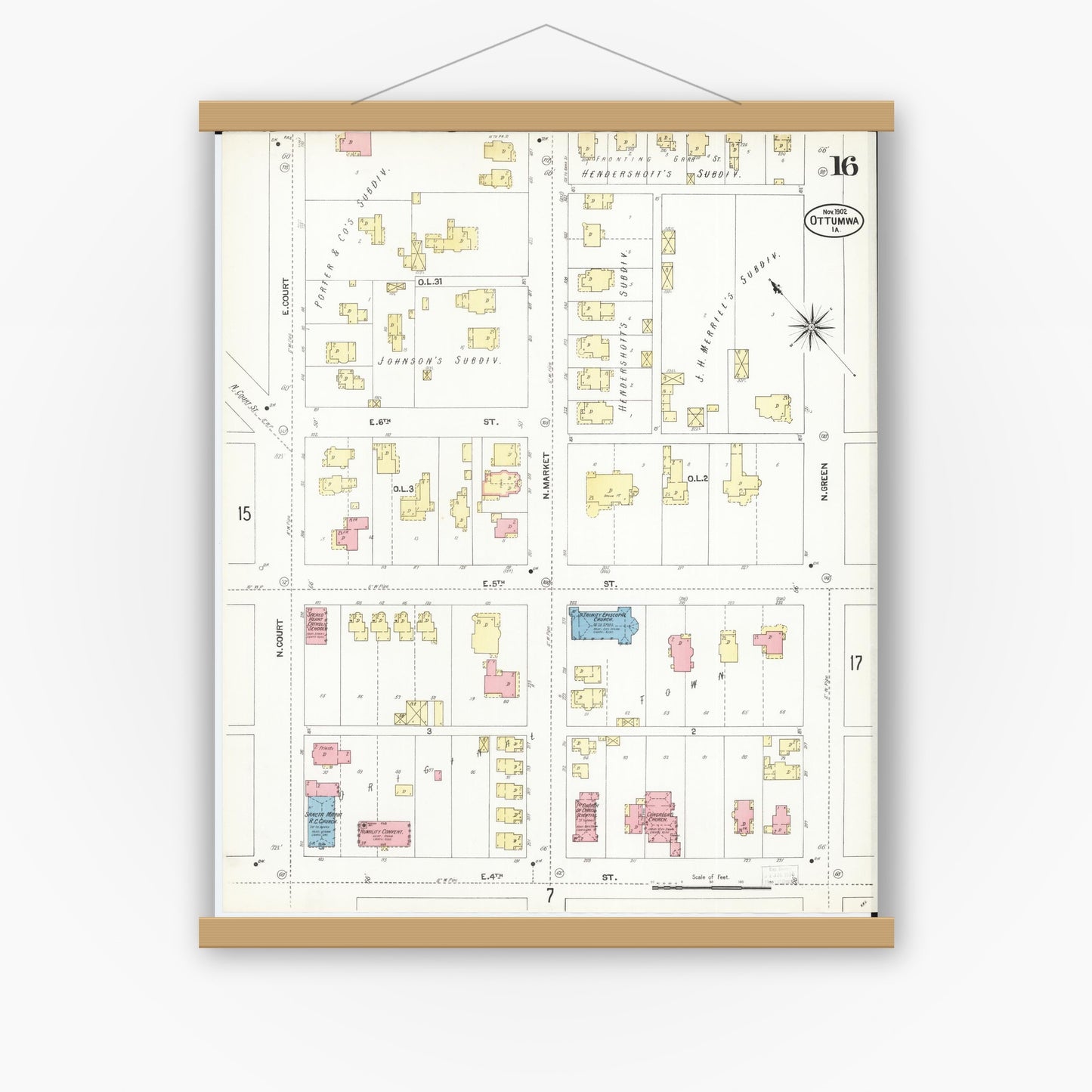 Old map wall art mockup — magnetic wood frame on white wall — Sanborn Fire Insurance Map from Ottumwa, Wapello County, Iowa (1902), Sheet #0016