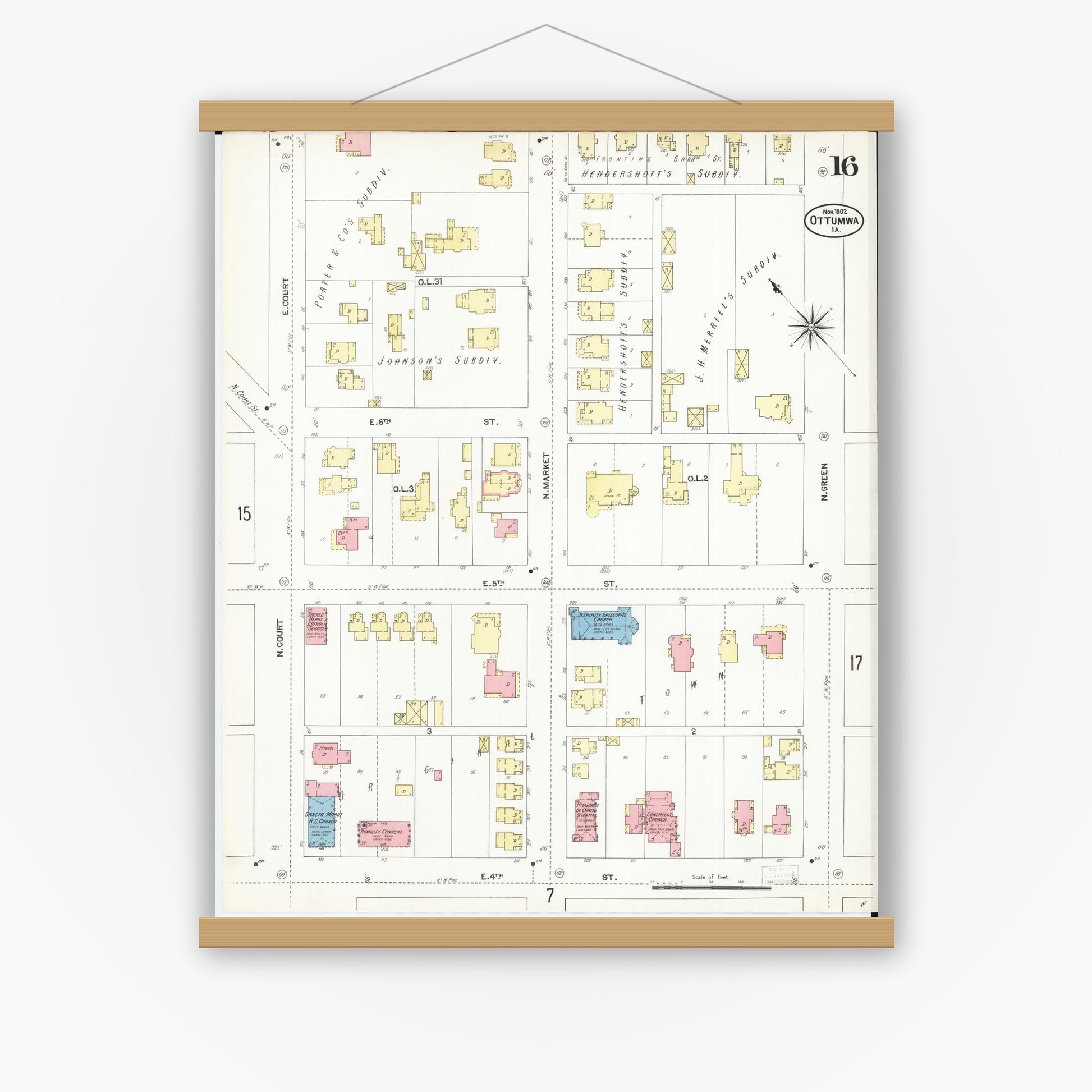 Old map wall art mockup — magnetic wood frame on white wall — Sanborn Fire Insurance Map from Ottumwa, Wapello County, Iowa (1902), Sheet #0016