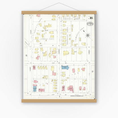 Old map wall art mockup — magnetic wood frame on white wall — Sanborn Fire Insurance Map from Ottumwa, Wapello County, Iowa (1902), Sheet #0016