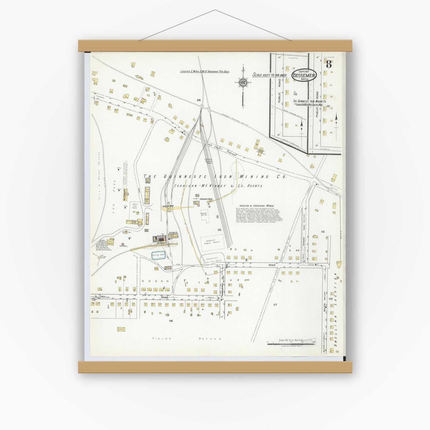 Old map wall art mockup — magnetic wood frame on white wall — Sanborn Fire Insurance Map from Bessemer, Gogebic County, Michigan (1917), Sheet #0008