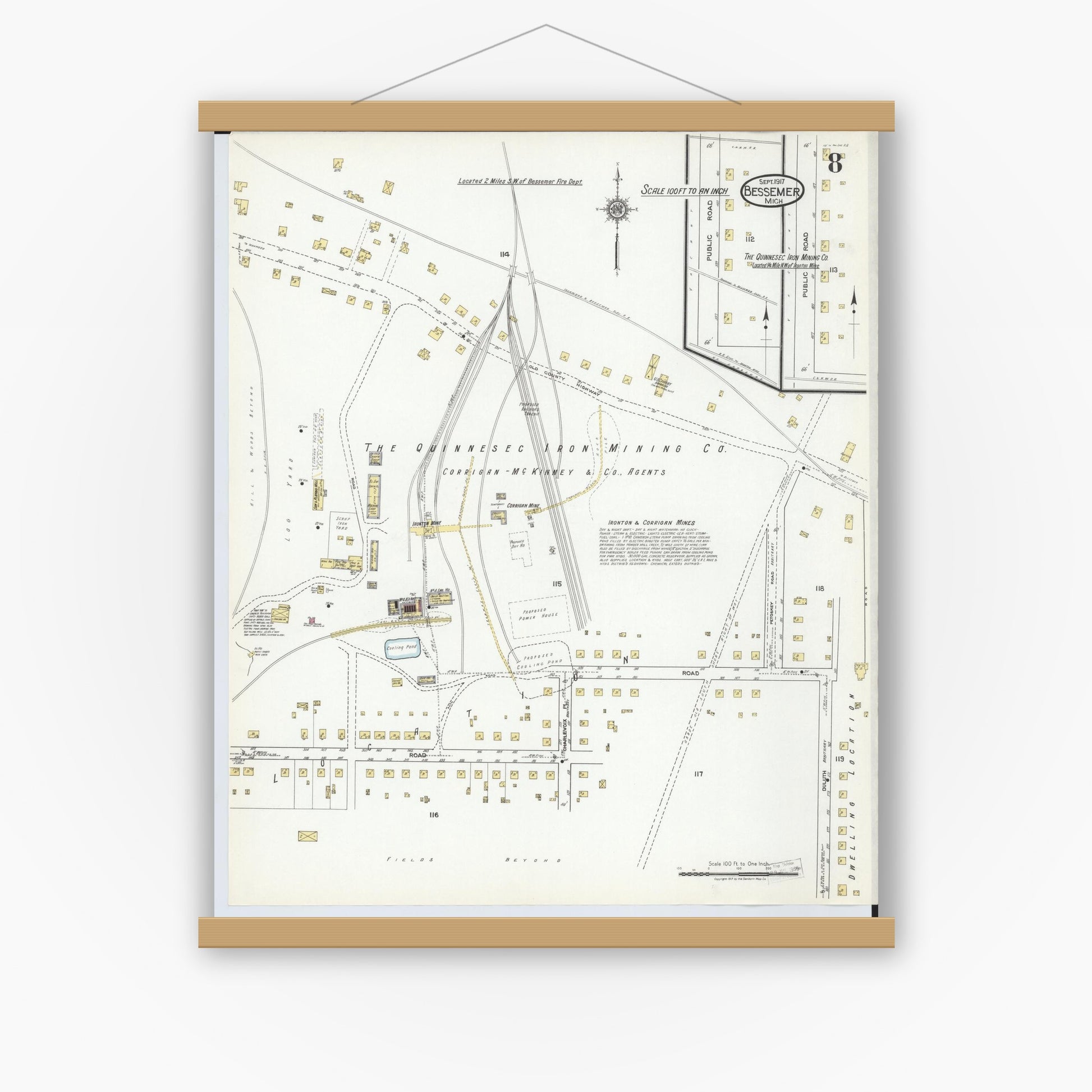 Old map wall art mockup — magnetic wood frame on white wall — Sanborn Fire Insurance Map from Bessemer, Gogebic County, Michigan (1917), Sheet #0008