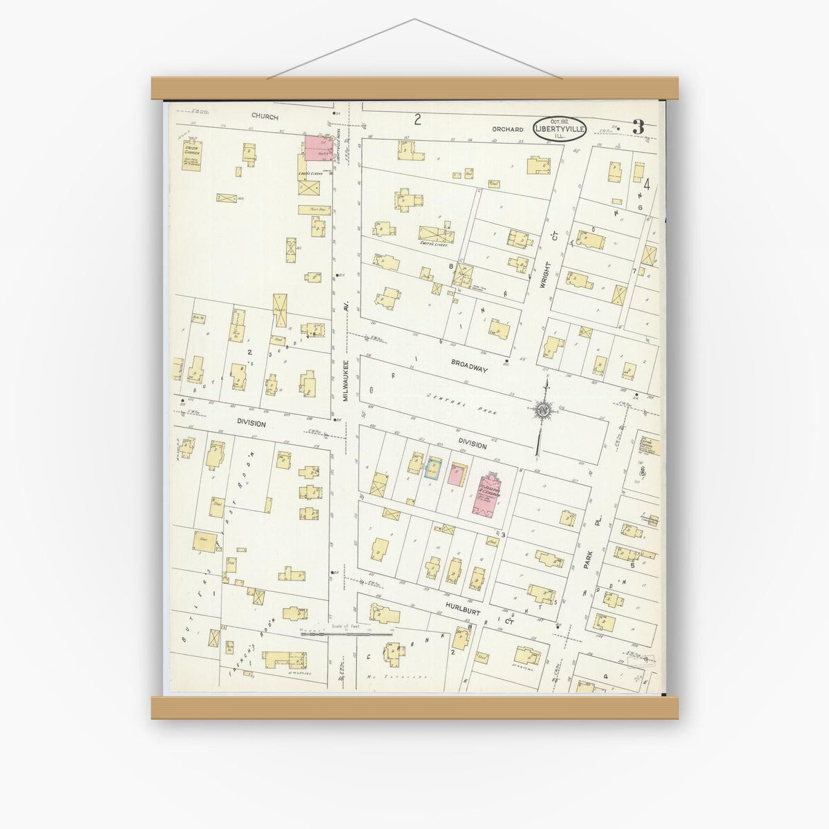 Old map wall art mockup — magnetic wood frame on white wall — Sanborn Fire Insurance Map from Libertyville, Lake County, Illinois (1912), Sheet #0003