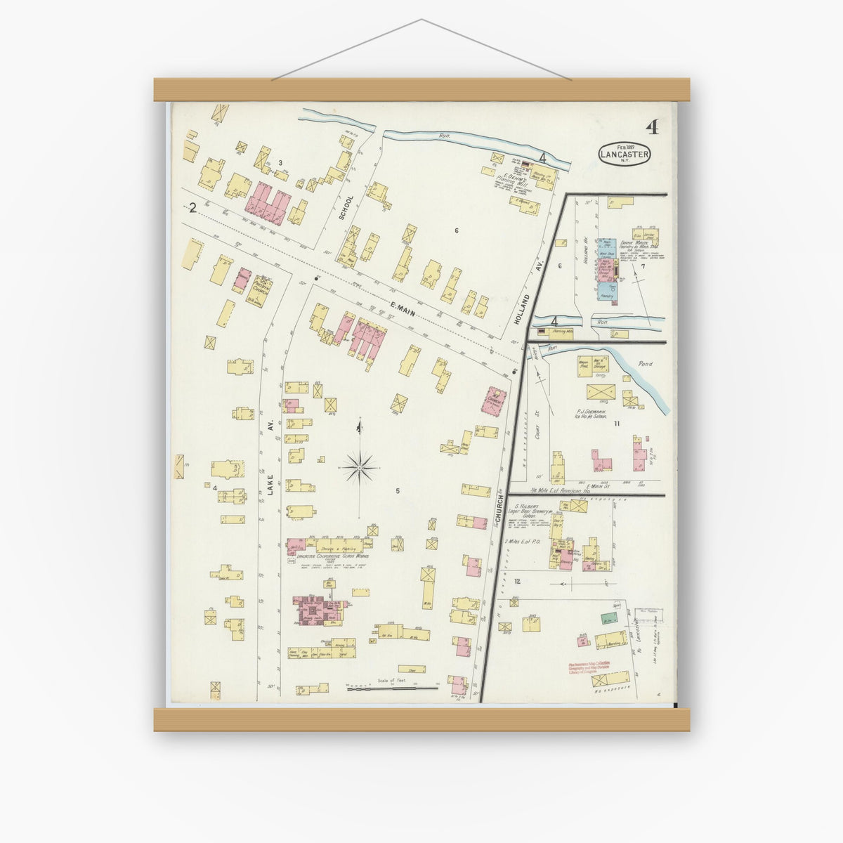 Old map wall art mockup — magnetic wood frame on white wall — Sanborn Fire Insurance Map from Lancaster, Erie County, New York (1897), Sheet #0004