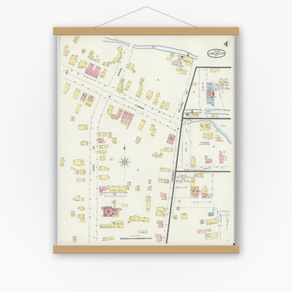 Old map wall art mockup — magnetic wood frame on white wall — Sanborn Fire Insurance Map from Lancaster, Erie County, New York (1897), Sheet #0004