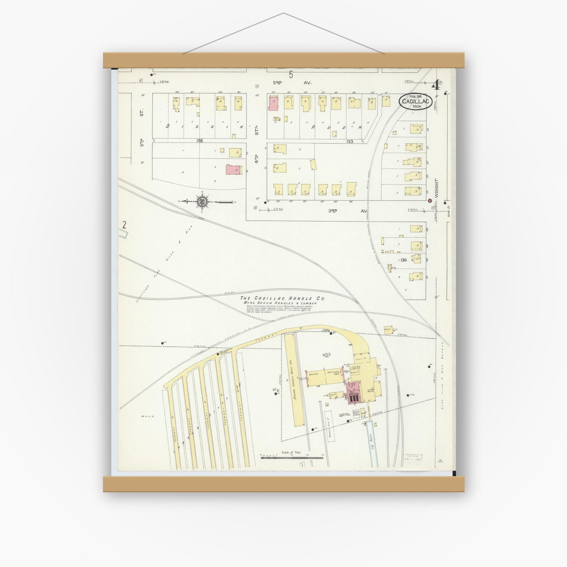 Old map wall art mockup — magnetic wood frame on white wall — Sanborn Fire Insurance Map from Cadillac, Wexford County, Michigan (1914), Sheet #0004