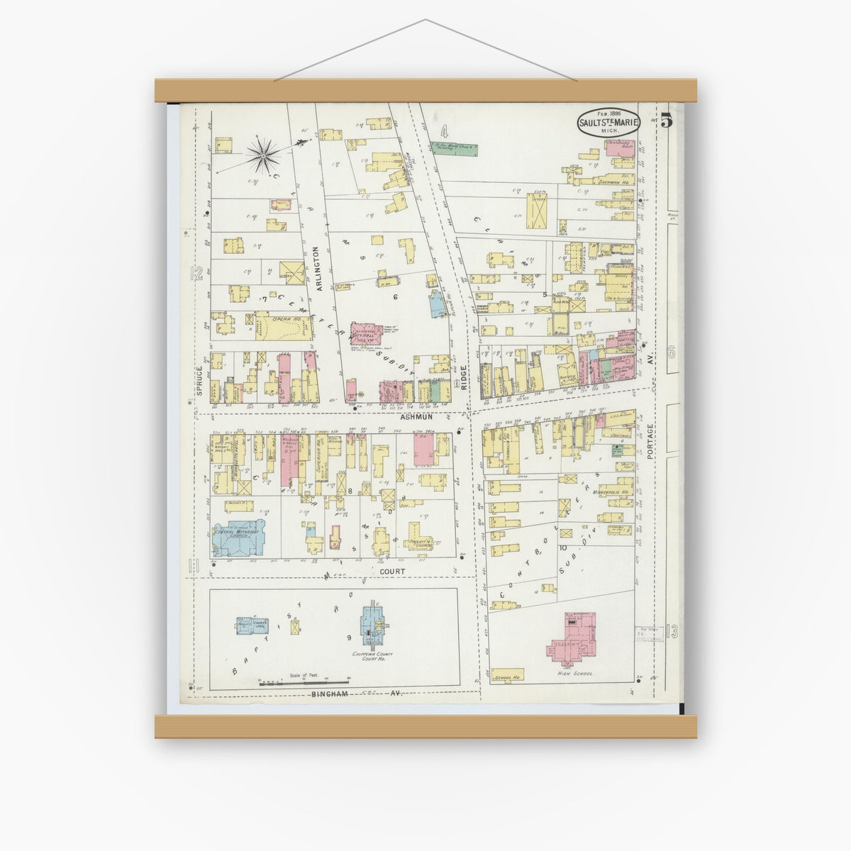 Old map wall art mockup — magnetic wood frame on white wall — Sanborn Fire Insurance Map from Sault Sainte Marie, Chippewa County, Michigan (1895), Sheet #0005