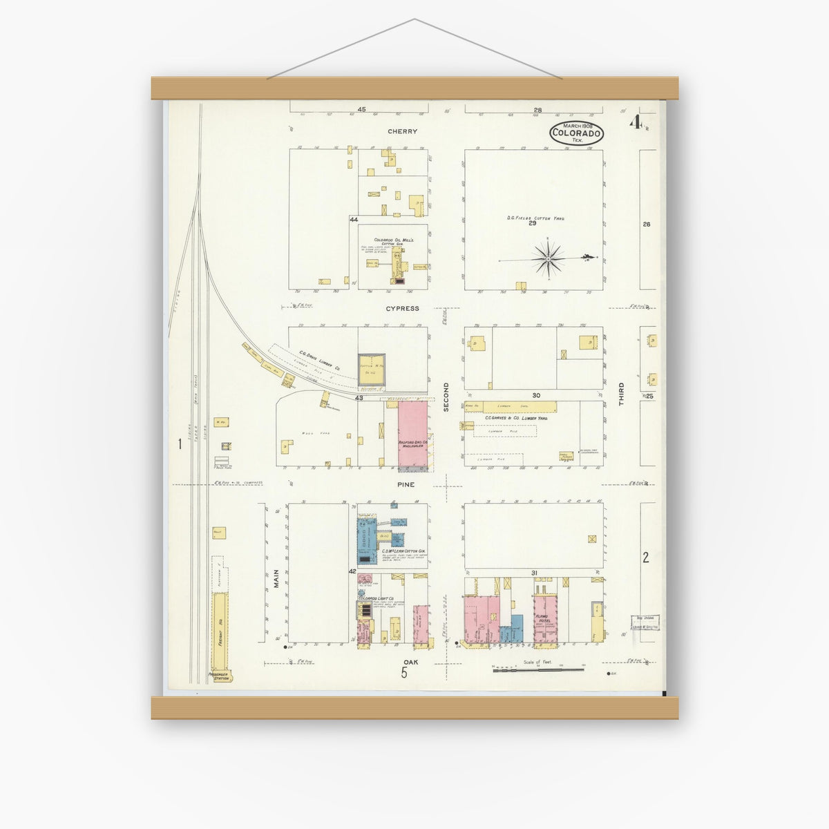 Old map wall art mockup — magnetic wood frame on white wall — Sanborn Fire Insurance Map from Colorado, Mitchell County, Texas (1908), Sheet #0004