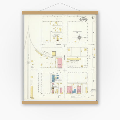 Old map wall art mockup — magnetic wood frame on white wall — Sanborn Fire Insurance Map from Colorado, Mitchell County, Texas (1908), Sheet #0004