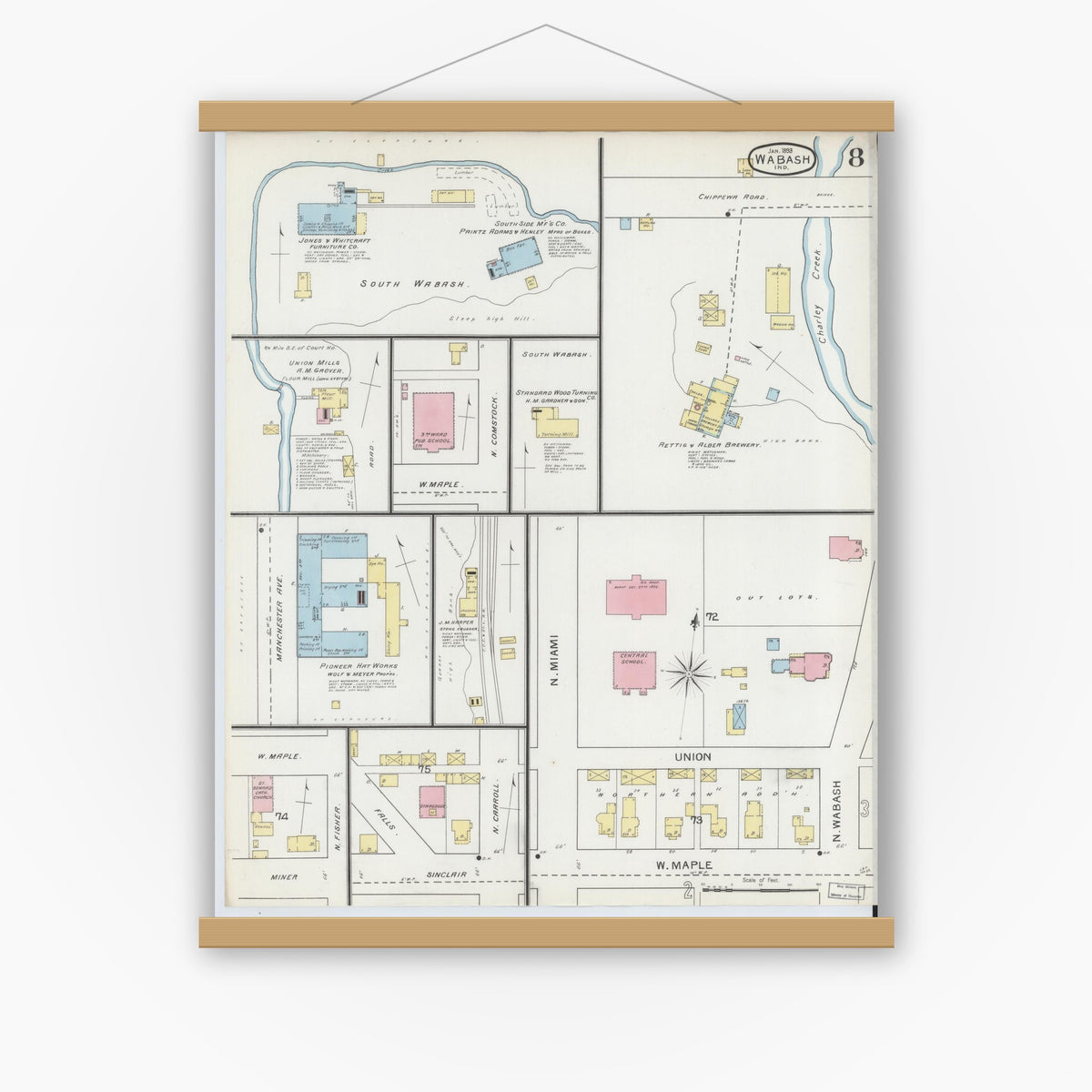 Old map wall art mockup — magnetic wood frame on white wall — Sanborn Fire Insurance Map from Wabash, Wabash County, Indiana (1893), Sheet #0008