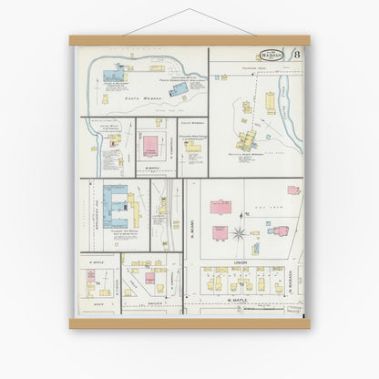 Old map wall art mockup — magnetic wood frame on white wall — Sanborn Fire Insurance Map from Wabash, Wabash County, Indiana (1893), Sheet #0008