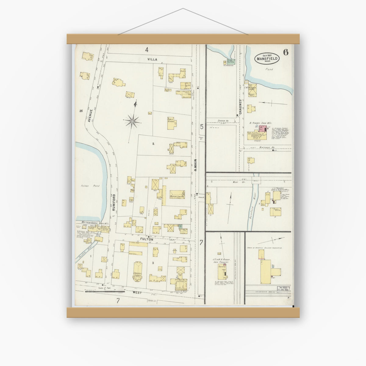 Old map wall art mockup — magnetic wood frame on white wall — Sanborn Fire Insurance Map from Mansfield, Bristol County, Massachusetts (1897), Sheet #0006