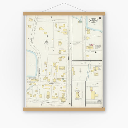 Old map wall art mockup — magnetic wood frame on white wall — Sanborn Fire Insurance Map from Mansfield, Bristol County, Massachusetts (1897), Sheet #0006