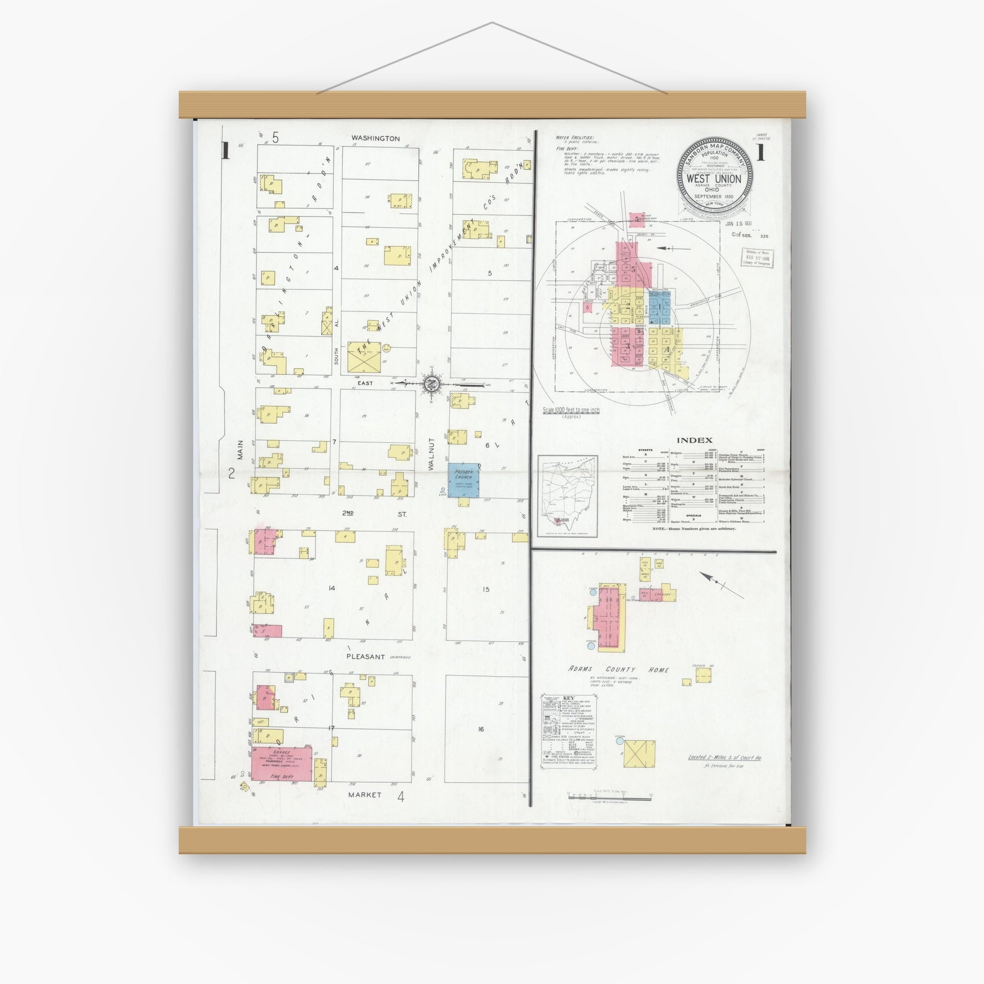 Old map wall art mockup — magnetic wood frame on white wall — Sanborn Fire Insurance Map from West Union, Adams County, Ohio (1930) - Complete Map Set