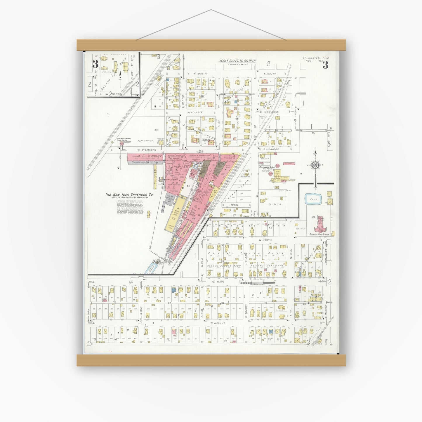 Old map wall art mockup — magnetic wood frame on white wall — Sanborn Fire Insurance Map from Cold Water, Mercer County, Ohio (1933), Sheet #0003