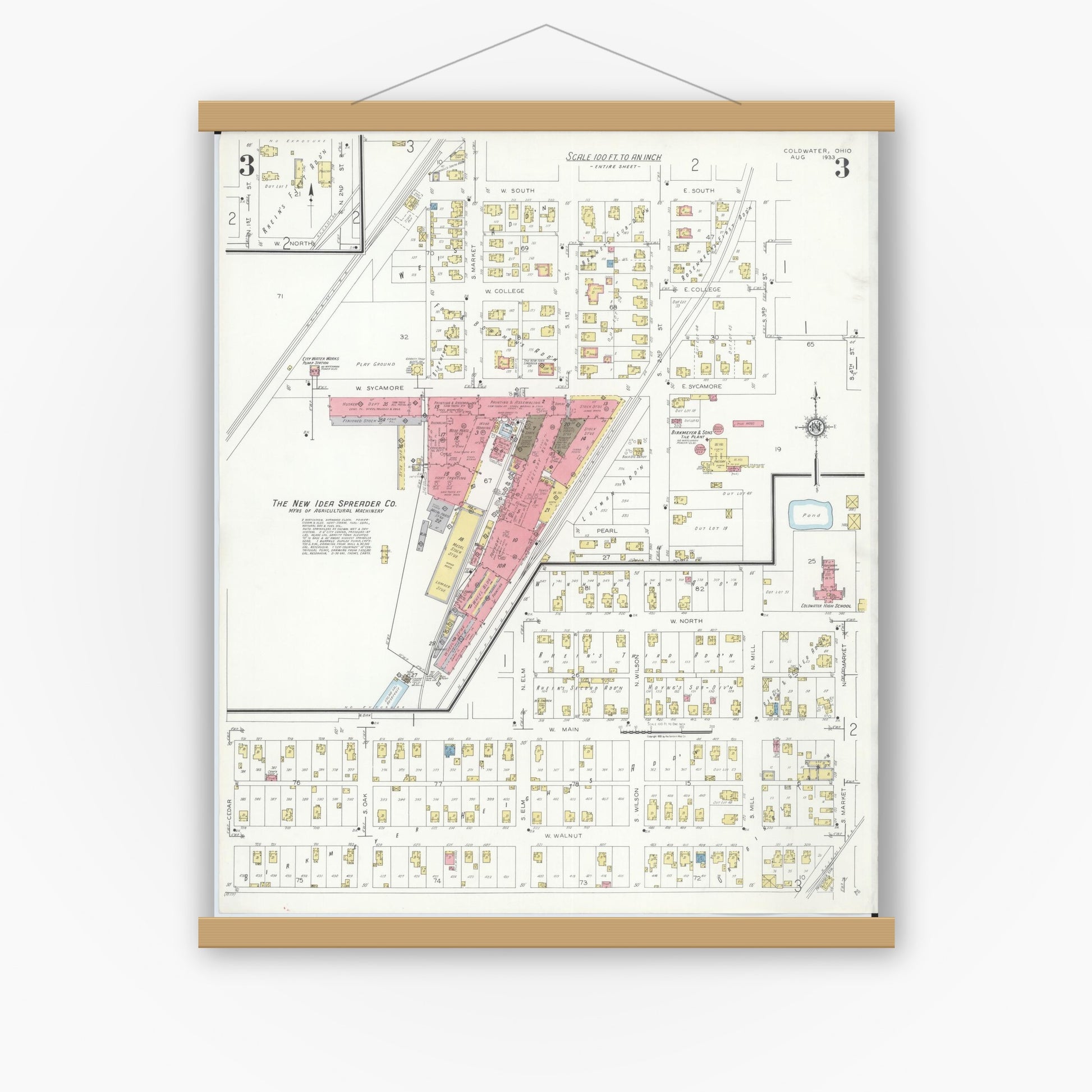 Old map wall art mockup — magnetic wood frame on white wall — Sanborn Fire Insurance Map from Cold Water, Mercer County, Ohio (1933), Sheet #0003