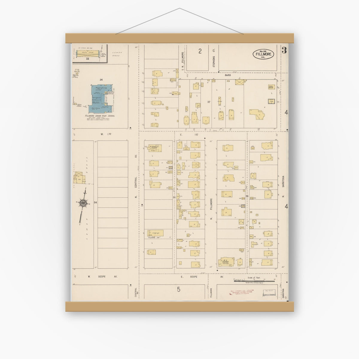 Old map wall art mockup — magnetic wood frame on white wall — Sanborn Fire Insurance Map from Fillmore, Ventura County, California (1918), Sheet #0003