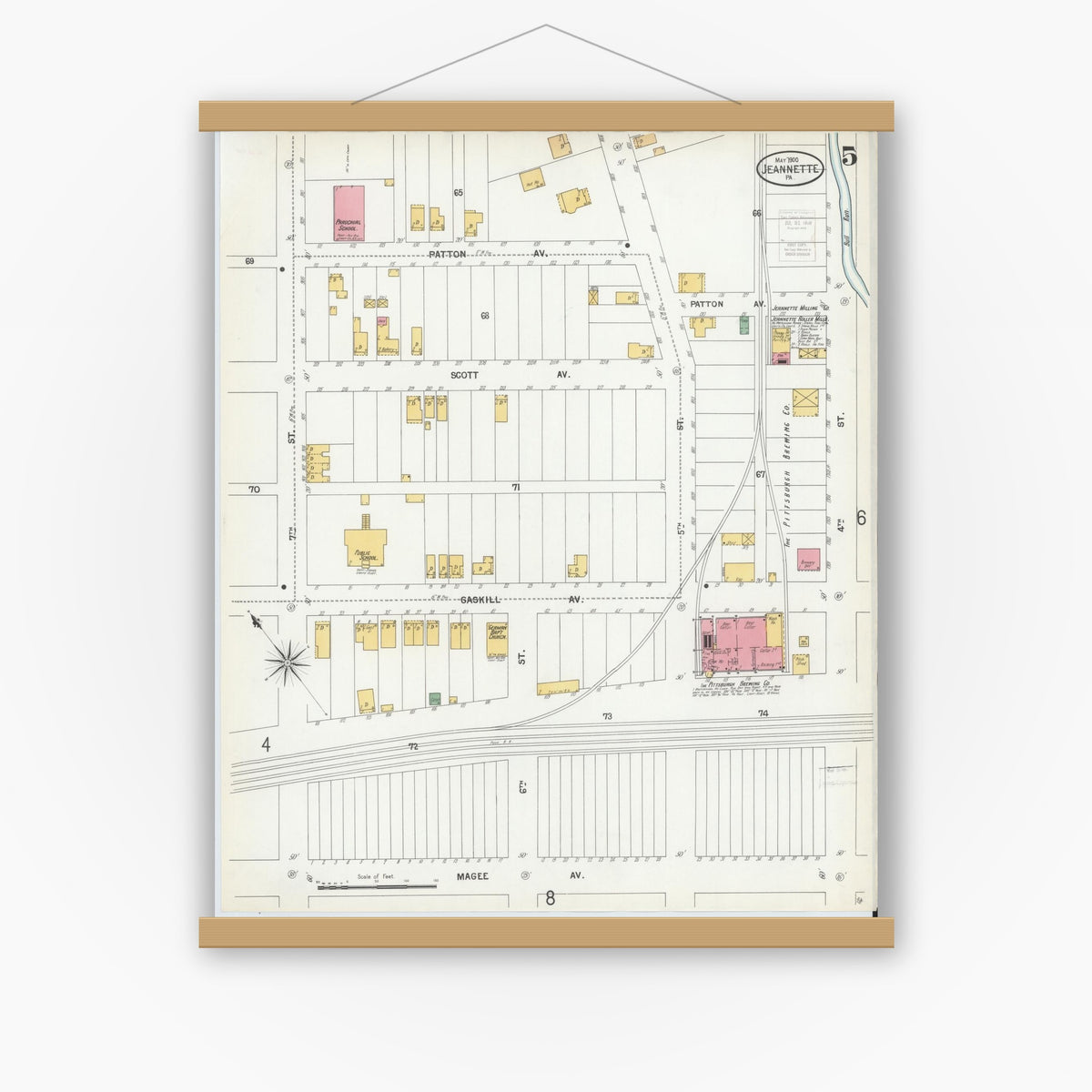 Old map wall art mockup — magnetic wood frame on white wall — Sanborn Fire Insurance Map from Jeannette, Westmoreland County, Pennsylvania (1900), Sheet #0005