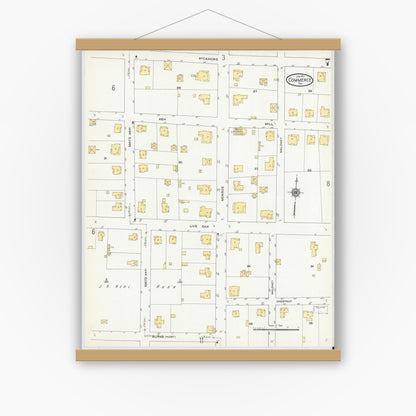 Old map wall art mockup — magnetic wood frame on white wall — Sanborn Fire Insurance Map from Commerce, Hunt County, Texas (1911), Sheet #0007