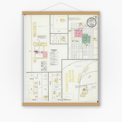 Old map wall art mockup — magnetic wood frame on white wall — Sanborn Fire Insurance Map from Standish, Arenac County, Michigan (1895), Sheet #0001