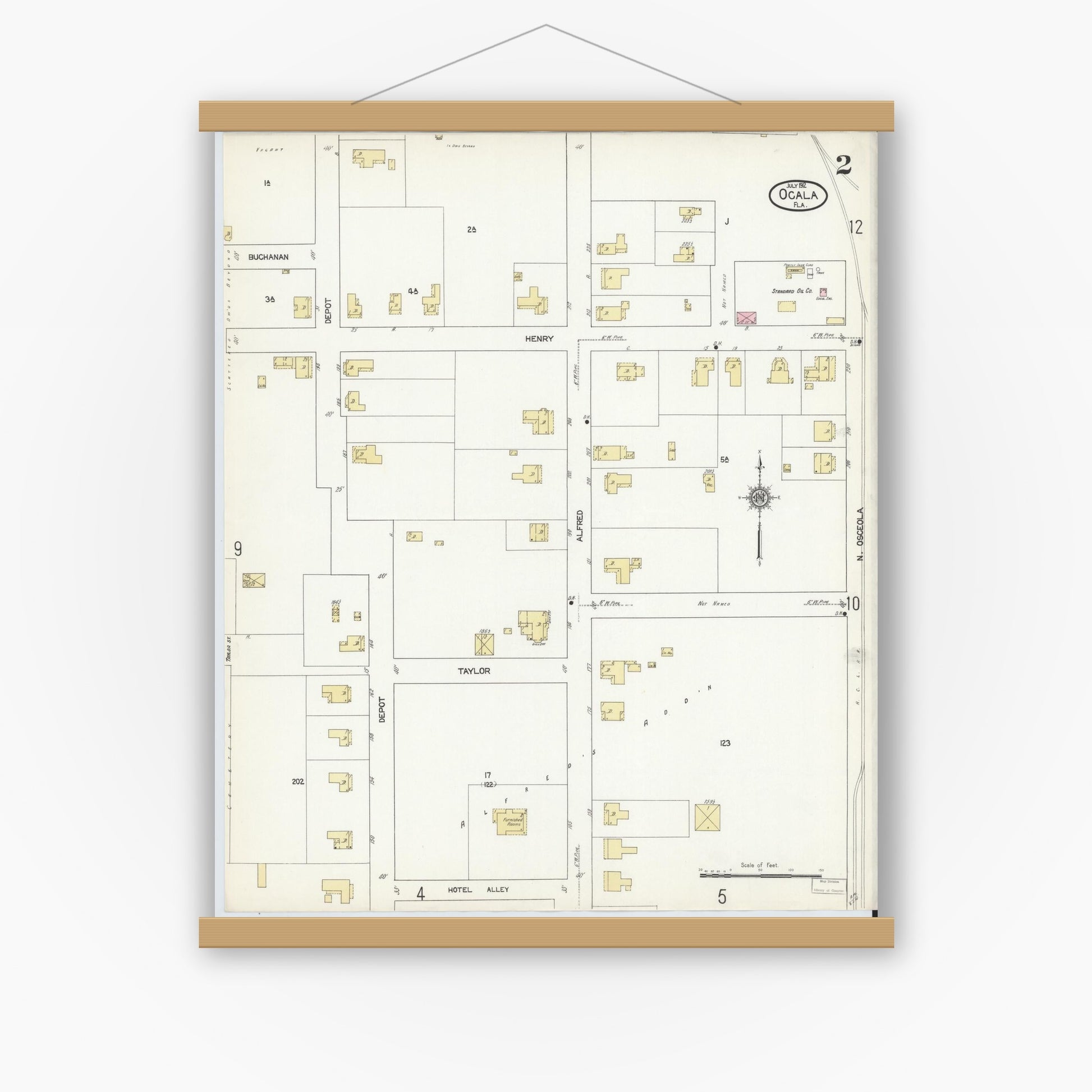 Old map wall art mockup — magnetic wood frame on white wall — Sanborn Fire Insurance Map from Ocala, Marion County, Florida (1912), Sheet #0002