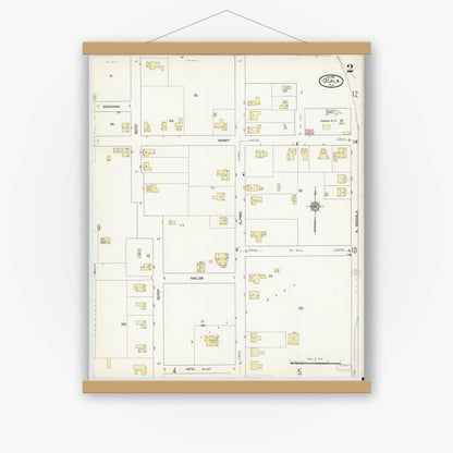 Old map wall art mockup — magnetic wood frame on white wall — Sanborn Fire Insurance Map from Ocala, Marion County, Florida (1912), Sheet #0002
