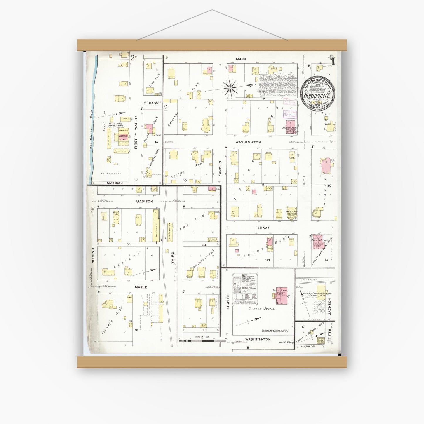 Old map wall art mockup — magnetic wood frame on white wall — Sanborn Fire Insurance Map from Bonaparte, Van Buren County, Iowa (1909) â€” Complete Set